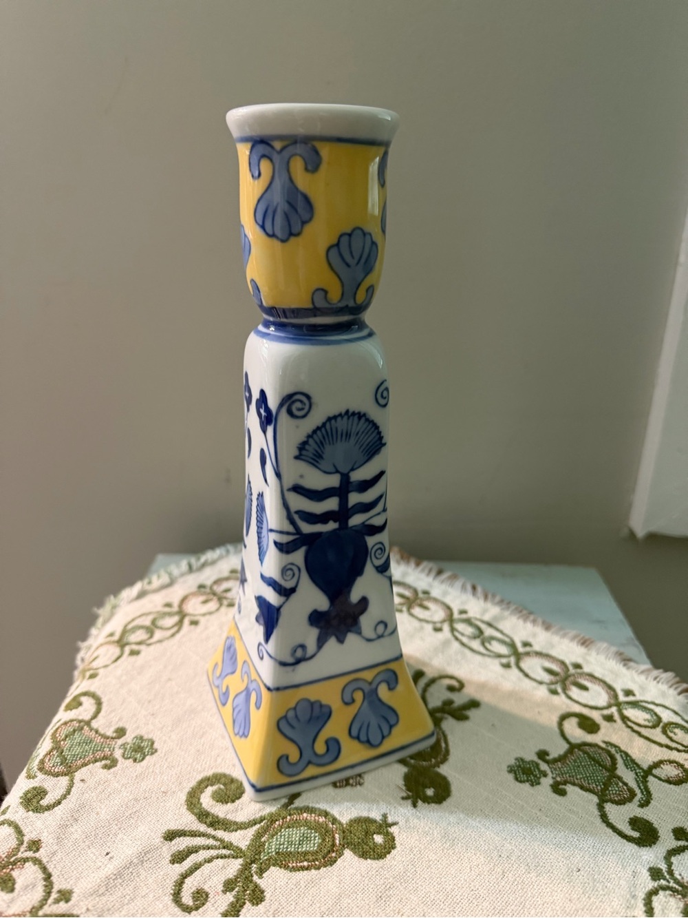 Chinoiserie Style Blue and Yellow Ceramic Candlestick Holder - Home Accents